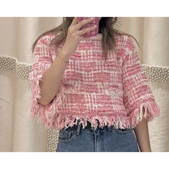 Chanel 24P Pink White Knit Frayed Tweed CC Logo Short Sleeve Pullover Top 38 - Picture 9 of 16